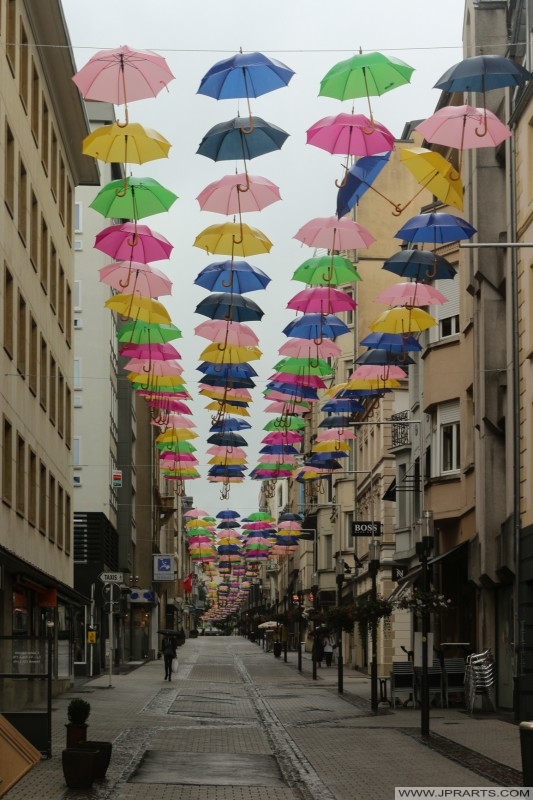 Umbrellas hanging above street in Luxembourg