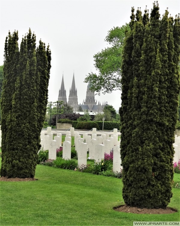 View of the Bayeux Cathedral from the British War Cemetery (Normandy, France)
