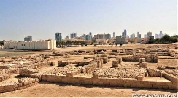 View of the Fort Museum, Archaeological Excavations and Manama City from the Bahrain Fort
