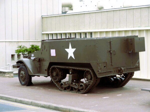 US M3 Half Track Personnel Carrier along the World War Two D-Day Museum of Arromanches-les-Bains, Normandy, France